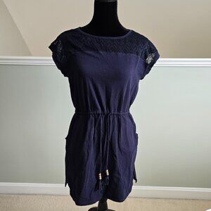 TALBOTS Lace Shoulder Tunic Cover Up Blue Pullover Swim Beach Lounge Dress XS